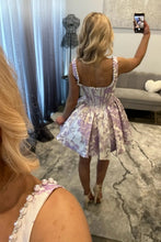 Load image into Gallery viewer, Beautiful A Line Square Neck Pink Floral Printed Corset Homecoming Dress with Pearls