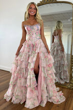 Load image into Gallery viewer, Glamorous A Line Floral Print Strapless Tiered Prom Dress with Fitted Corset