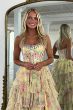 Load image into Gallery viewer, Glamorous A Line Floral Print Strapless Tiered Prom Dress with Fitted Corset
