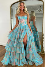Load image into Gallery viewer, Glamorous A Line Floral Print Strapless Tiered Prom Dress with Fitted Corset