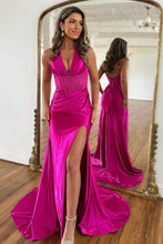 Load image into Gallery viewer, Fuchsia Mermaid Halter Neck Backless Long Satin Prom Dress With Split