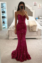 Load image into Gallery viewer, Fuchsia Sparkly Sequin Mermaid Strapless Long Prom Party Dress