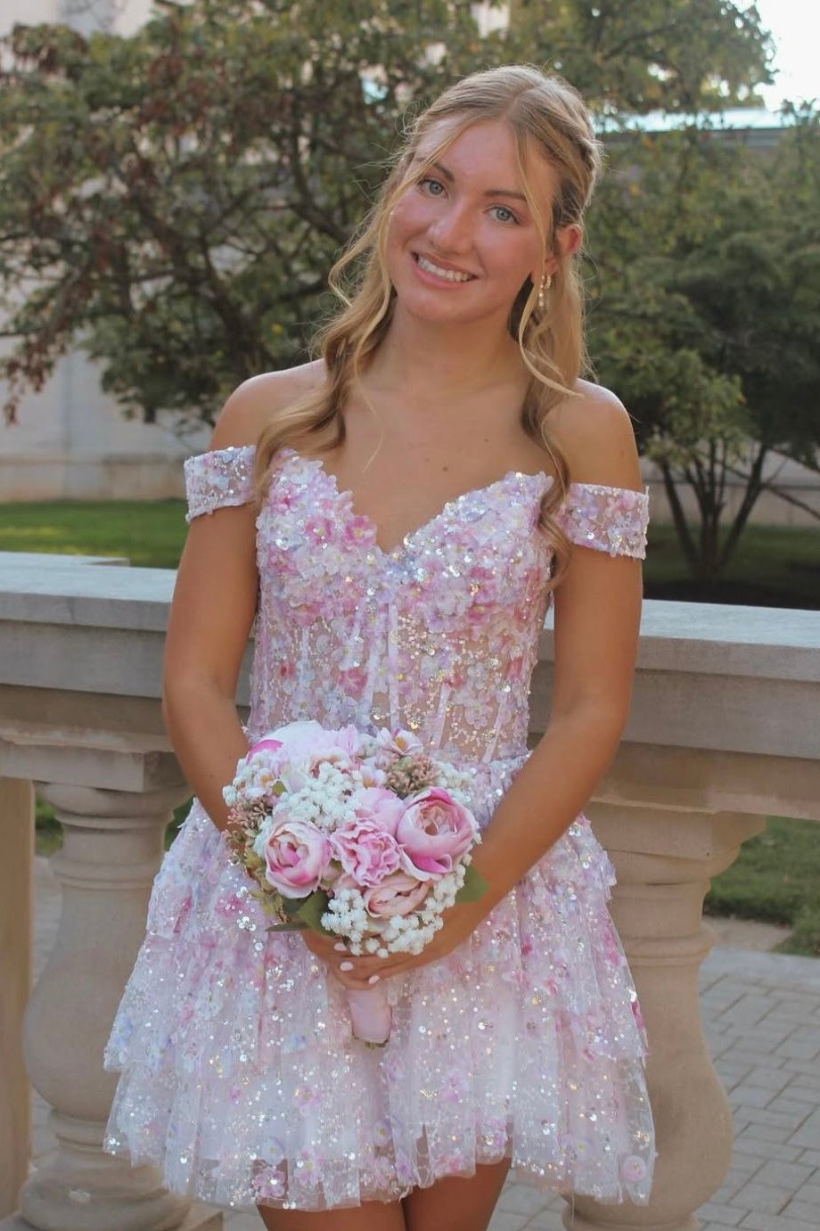 Glamorous A Line Off the Shoulder Light Pink Corset Homecoming Dress with Appliques