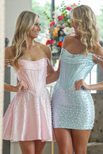 Load image into Gallery viewer, Glamorous Bodycon/A Line Off the Shoulder Light Pink/Light Blue Corset Homecoming Dress with Pearls