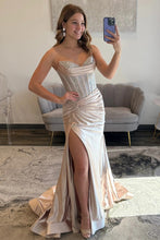 Load image into Gallery viewer, Sparkly Mermaid Sweetheart Champagne Corset Prom Dress with Beading