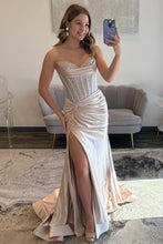 Load image into Gallery viewer, Sparkly Mermaid Sweetheart Champagne Corset Prom Dress with Beading