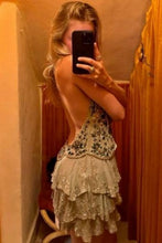 Load image into Gallery viewer, Glamorous Green Embellished Homecoming Dress with Deep V Neck and Layered Skirt Detail