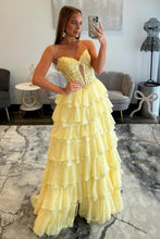 Load image into Gallery viewer, Pretty A Line Sweetheart Yellow Corset Prom Dress with Appliques Ruffles