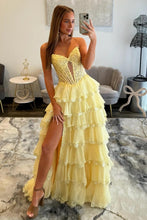 Load image into Gallery viewer, Pretty A Line Sweetheart Yellow Corset Prom Dress with Appliques Ruffles