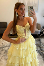 Load image into Gallery viewer, Pretty A Line Sweetheart Yellow Corset Prom Dress with Appliques Ruffles