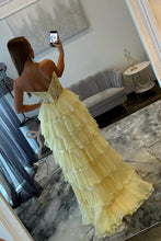 Load image into Gallery viewer, Pretty A Line Sweetheart Yellow Corset Prom Dress with Appliques Ruffles
