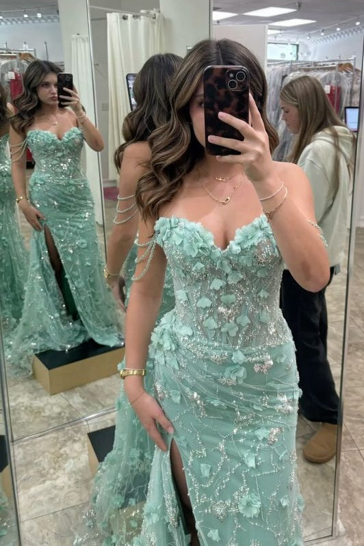 Glamorous Mermaid Off the Shoulder Green Long Prom Dress with Appliques