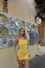 Load image into Gallery viewer, Glamorous Yellow Mini Homecoming Dress with Floral Beaded Embellishment and Fringe Trim Hem