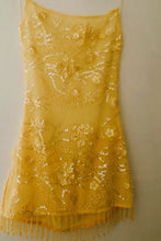 Load image into Gallery viewer, Glamorous Yellow Mini Homecoming Dress with Floral Beaded Embellishment and Fringe Trim Hem