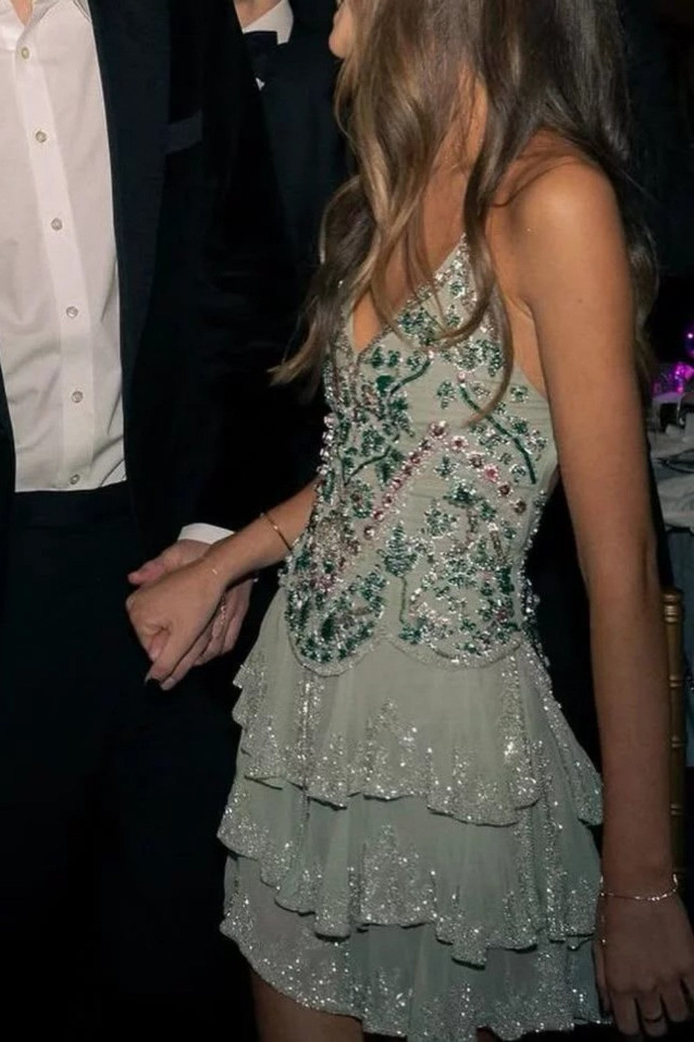 Glamorous Green Embellished Homecoming Dress with Deep V Neck and Layered Skirt Detail