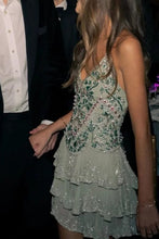 Load image into Gallery viewer, Glamorous Green Embellished Homecoming Dress with Deep V Neck and Layered Skirt Detail