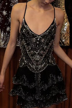 Load image into Gallery viewer, Glamorous Green Embellished Homecoming Dress with Deep V Neck and Layered Skirt Detail
