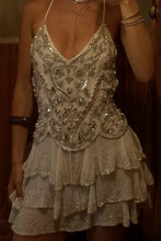 Load image into Gallery viewer, Glamorous Green Embellished Homecoming Dress with Deep V Neck and Layered Skirt Detail
