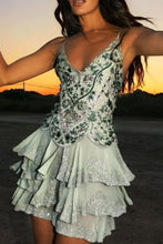 Load image into Gallery viewer, Glamorous Green Embellished Homecoming Dress with Deep V Neck and Layered Skirt Detail