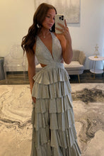 Load image into Gallery viewer, Luxurious Sparkly Mermaid Halter Long Tiered Beaded Prom Dress with High Slit