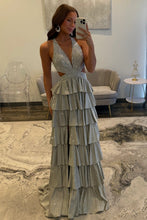 Load image into Gallery viewer, Luxurious Sparkly Mermaid Halter Long Tiered Beaded Prom Dress with High Slit