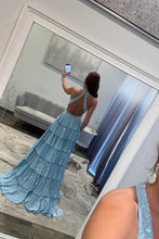 Load image into Gallery viewer, Luxurious Sparkly Mermaid Halter Long Tiered Beaded Prom Dress with High Slit