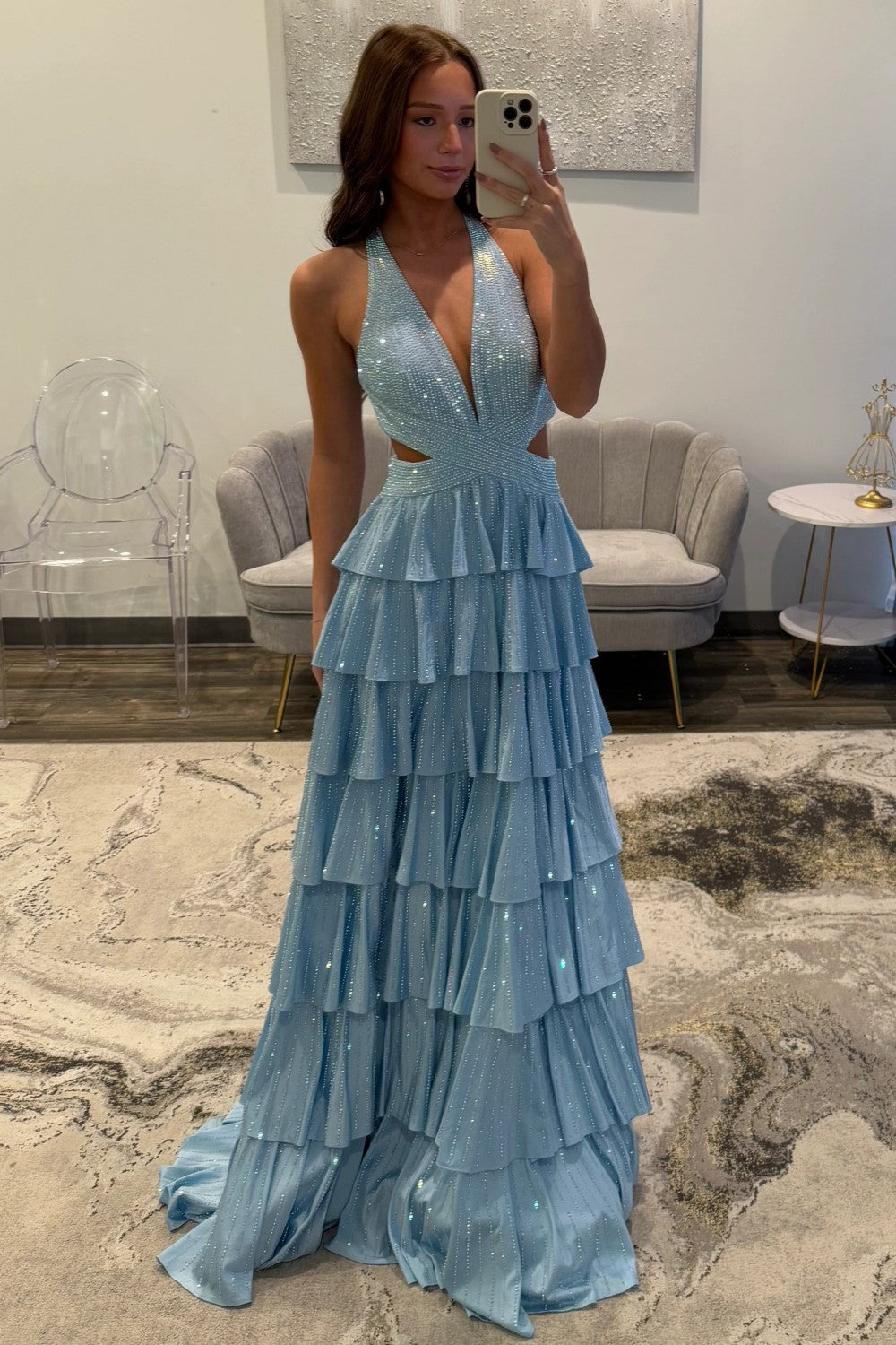 Luuvis Women Luxurious Sparkly Mermaid Halter Long Tiered Beaded Prom Dress  with High Slit