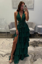 Load image into Gallery viewer, Luxurious Sparkly Mermaid Halter Long Tiered Beaded Prom Dress with High Slit