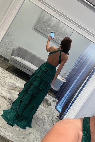 Sparkly A Line Halter Neck Long Tiered Dark Green Beaded Prom Dress with High Slit