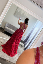 Load image into Gallery viewer, Luxurious Sparkly Mermaid Halter Long Tiered Beaded Prom Dress with High Slit
