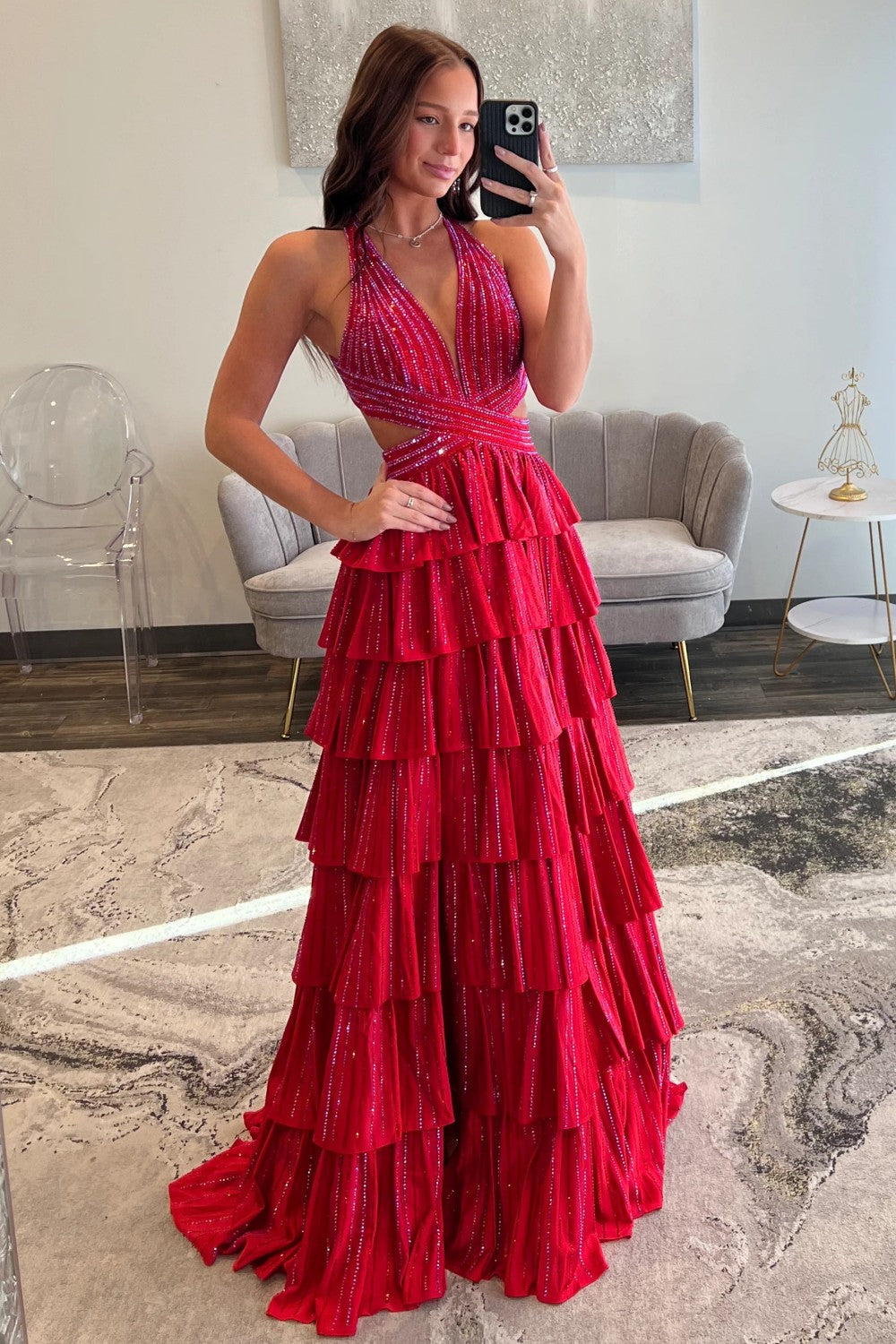 Luuvis Women Luxurious Sparkly Mermaid Halter Long Tiered Beaded Prom Dress with High Slit Luuvis Women Luxurious Sparkly Mermaid Halter Long Tiered Beaded Prom Dress with High Slit