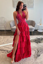 Load image into Gallery viewer, Luxurious Sparkly Mermaid Halter Long Tiered Beaded Prom Dress with High Slit