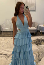 Load image into Gallery viewer, Luxurious Sparkly Mermaid Halter Long Tiered Beaded Prom Dress with High Slit