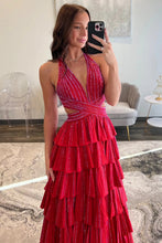 Load image into Gallery viewer, Luxurious Sparkly Mermaid Halter Long Tiered Beaded Prom Dress with High Slit