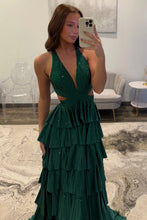 Load image into Gallery viewer, Luxurious Sparkly Mermaid Halter Long Tiered Beaded Prom Dress with High Slit