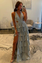 Load image into Gallery viewer, Luxurious Sparkly Mermaid Halter Long Tiered Beaded Prom Dress with High Slit