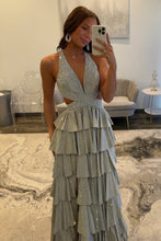 Load image into Gallery viewer, Luxurious Sparkly Mermaid Halter Long Tiered Beaded Prom Dress with High Slit