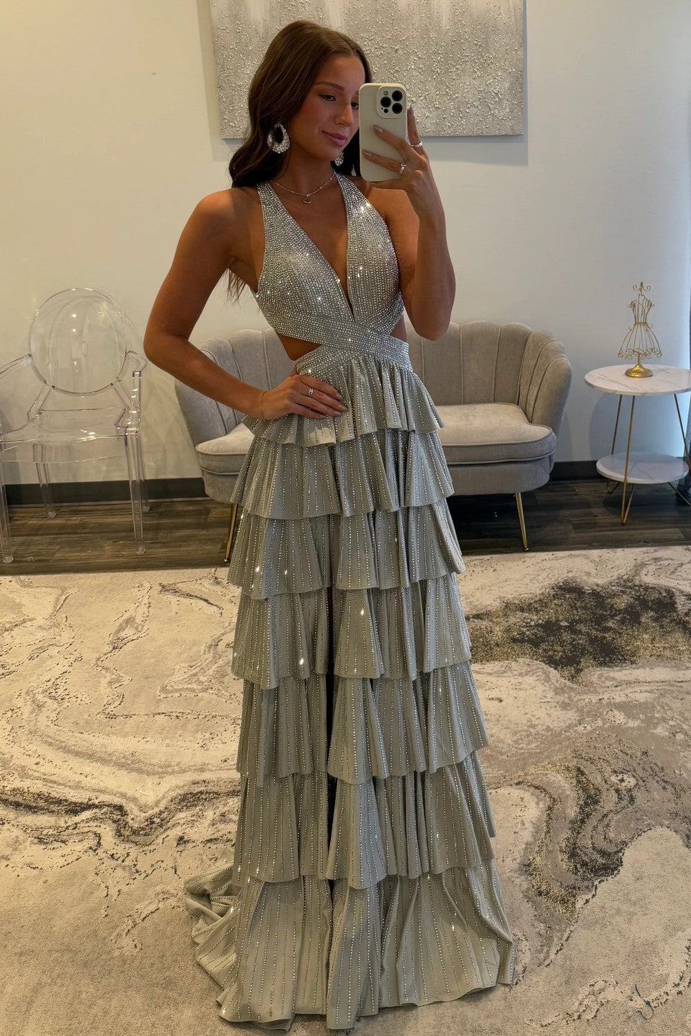 strapless open back dress A-Line Silver V Neck Satin Long Prom Dress Sparkly Evening Dress US8 / As Picture main image 0
