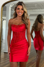 Load image into Gallery viewer, Glamorous Strapless Mini Homecoming Dress with Beaded Corset and Draped Skirt
