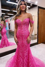 Load image into Gallery viewer, Stylish Fuchsia Long Mermaid Off The Shoulder Prom Dress With Appliques
