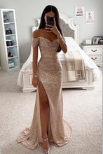 Load image into Gallery viewer, Glitter Gold Mermaid Off The Shoulder Long Prom Dress With Slit