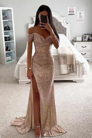 Glitter Gold Mermaid Off The Shoulder Long Prom Dress With Slit