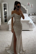 Load image into Gallery viewer, Glitter Gold Mermaid Off The Shoulder Long Prom Dress With Slit