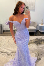 Load image into Gallery viewer, Charming Mermaid Off the Shoulder Lavender Long Prom Dress with Sequined Lace