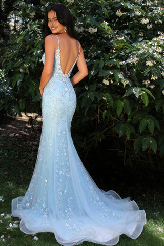 Gorgeous Mermaid Spaghetti Straps Light Blue Long Prom Dress with Appliques