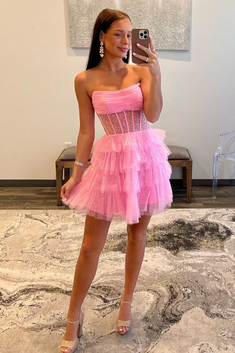 Luuvis Women Glitter Pink A-Line Strapless Short Tiered Tulle Homecoming Dress Luuvis Women Glitter Pink A-Line Strapless Short Tiered Tulle Homecoming Dress