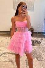 Load image into Gallery viewer, Glitter Pink A-Line Strapless Short Tiered Tulle Homecoming Dress
