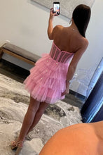 Load image into Gallery viewer, Glitter Pink A-Line Strapless Short Tiered Tulle Homecoming Dress
