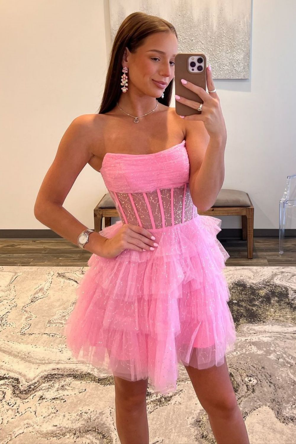 Cute Pink Strapless Tulle Sequin Short Party Dress A Line Graduation Homecoming Dress main image 0