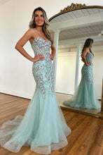 Load image into Gallery viewer, Glitter Mermaid Sequin Mint Green Spaghetti Straps Corset Prom Dress with Tulle Skirt